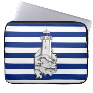 Funda Para Portátil Silver Chrome Like Lighthouse on Navy Stripes