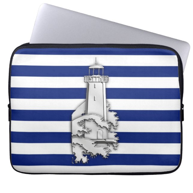 Funda Para Portátil Silver Chrome Like Lighthouse on Navy Stripes (Frente)