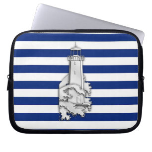 Funda Para Portátil Silver Chrome Like Lighthouse on Navy Stripes