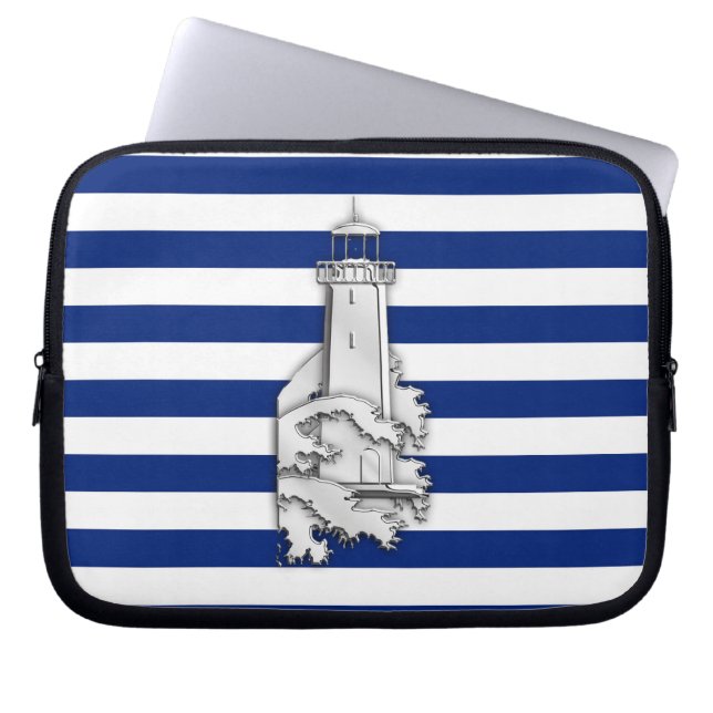 Funda Para Portátil Silver Chrome Like Lighthouse on Navy Stripes (Frente)