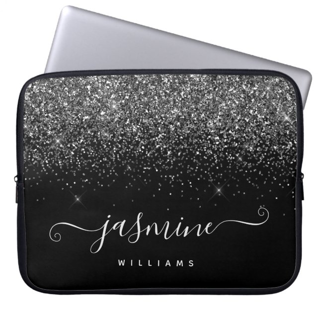 Funda Para Portátil Silver glitter name monogram on black background (Frente)