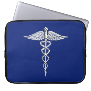 Funda Para Portátil Símbolo médico cromado como Caduceus en azul mar