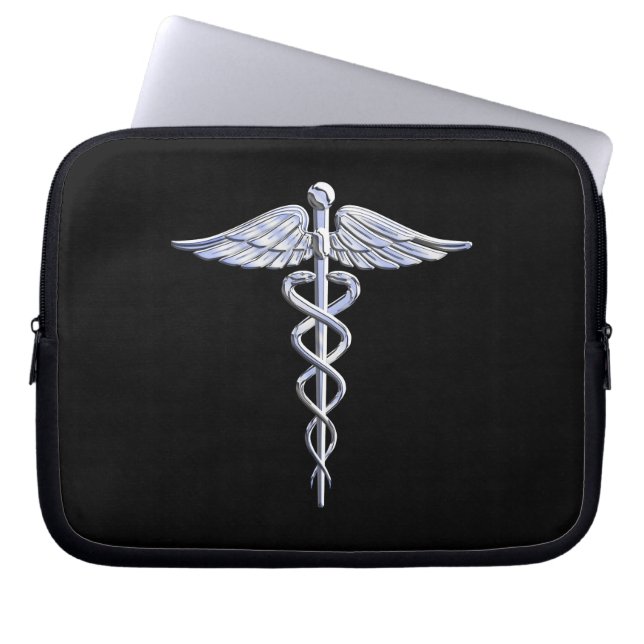 Funda Para Portátil Símbolo médico del Caduceo plateado en negro (Frente)