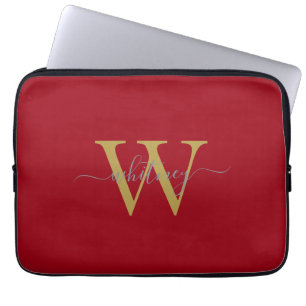 Funda Para Portátil Simple y elegante Nombre de Monograma Rojo e Inici
