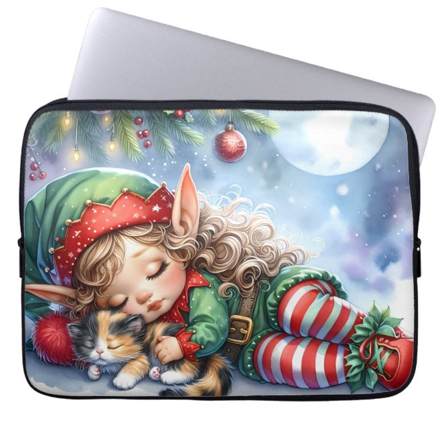 Funda Para Portátil Sleeping Christmas Elf with Calico Kitten (Frente)
