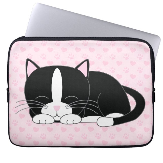 Funda Para Portátil Sleepy Tuxedo Cat {rosa} (Frente)