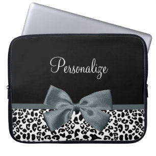 Funda Para Portátil Sofisticado Leopard Print Gray Bow con el nombre