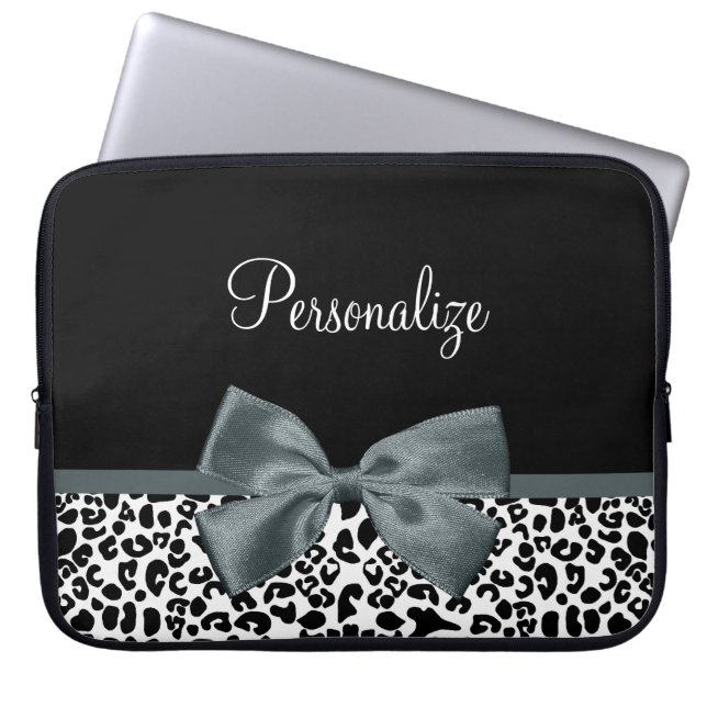 Funda Para Portátil Sofisticado Leopard Print Gray Bow con el nombre (Frente)