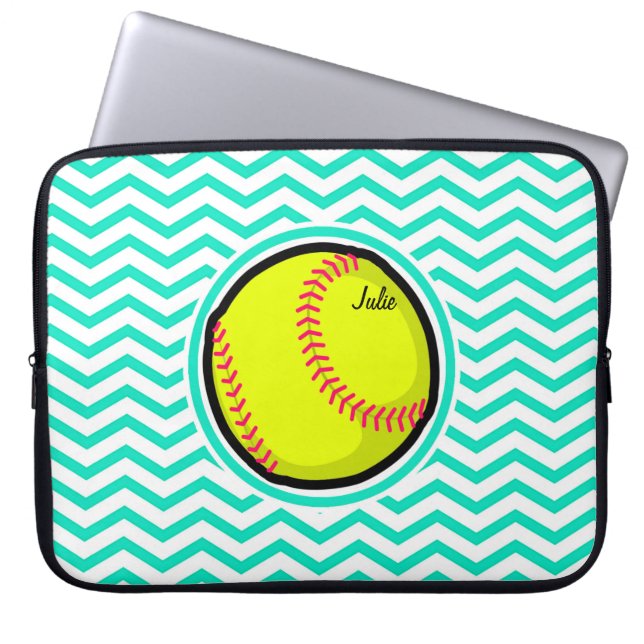 Funda Para Portátil Softball; Aqua Green Chevron (Frente)