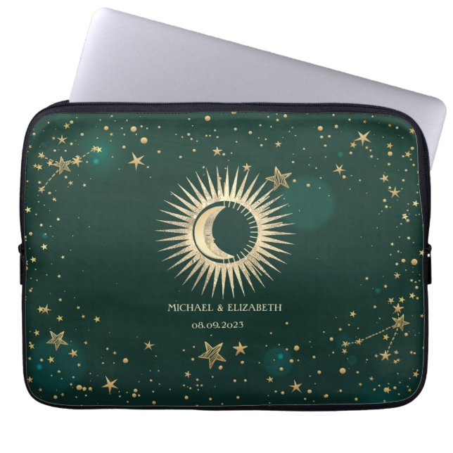 Funda Para Portátil Sol De Oro Celestial Y Estrellas De Luna Verde (Frente)