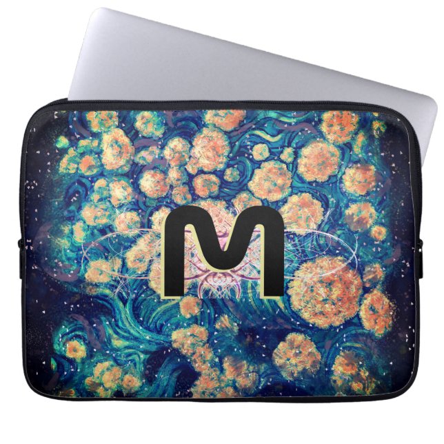 Funda Para Portátil Space Mimosa Golden Nebulosa Blossom & Monograma (Frente)