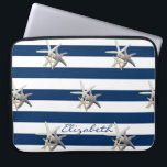 Funda Para Portátil Starfish Adorable, Navy Blue Stripes Personalizado<br><div class="desc">Adorable y divertida estrella de mar con fondo azul marino. Personalice el nombre por usted mismo o como una linda idea de regalo.</div>