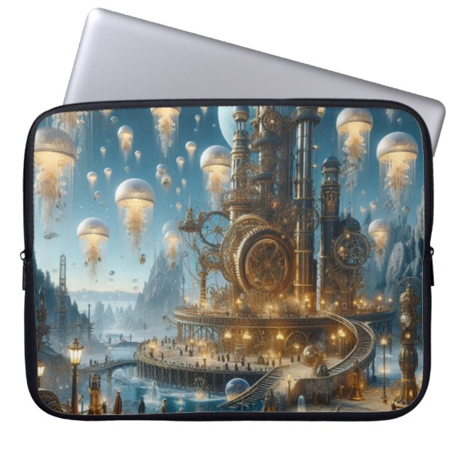 Funda Para Portátil Steampunk Futurista ciudad antigua con medusas (Frente)