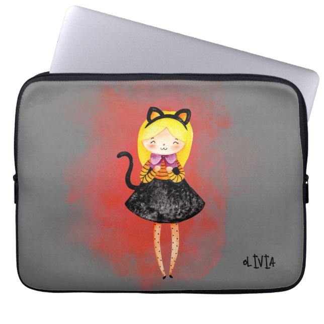Funda Para Portátil Stellalunarts Chica lindo gato Halloween (Frente)