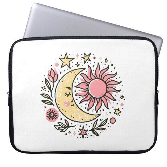 Funda Para Portátil Sun Moon Floral Rosa Amarillo Zodiaco Astrológico (Frente)