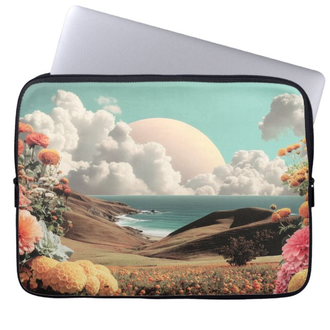 Funda Para Portátil Surreal Coastal Landscape With Flowers And Clouds (Frente)