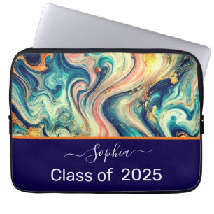Funda Para Portátil Swirls Blue & Gold personalizadas - Clase de 2025