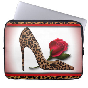 Funda Para Portátil Tacón alto del leopardo y rosa rojo