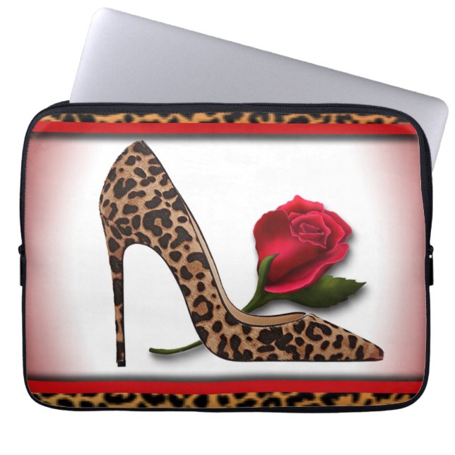 Funda Para Portátil Tacón alto del leopardo y rosa rojo (Frente)