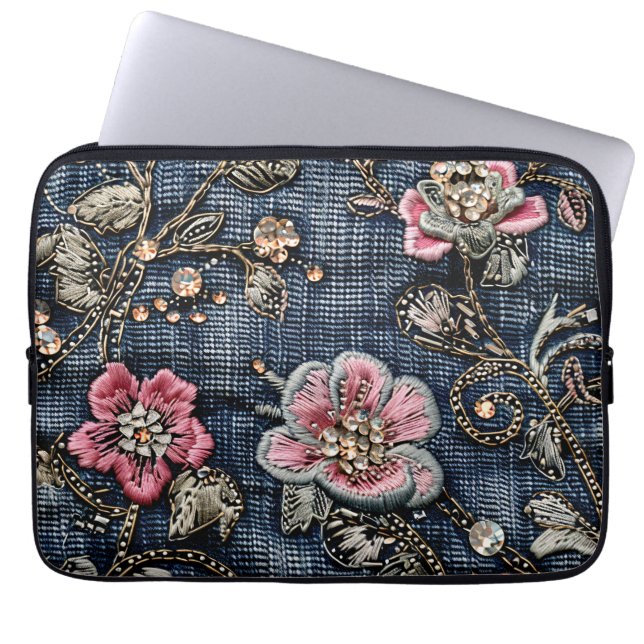 Funda Para Portátil Tapiz floral rosa en denim azul oscuro (Frente)