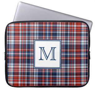 Funda Para Portátil Tartán blanco y azul rojo con monograma