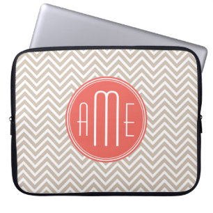 Funda Para Portátil Taupe y Coral Elegante Monograma Personalizado