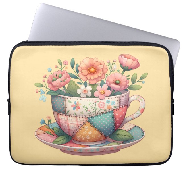 Funda Para Portátil Taza de té de patchwork con flores caprichosas (Frente)