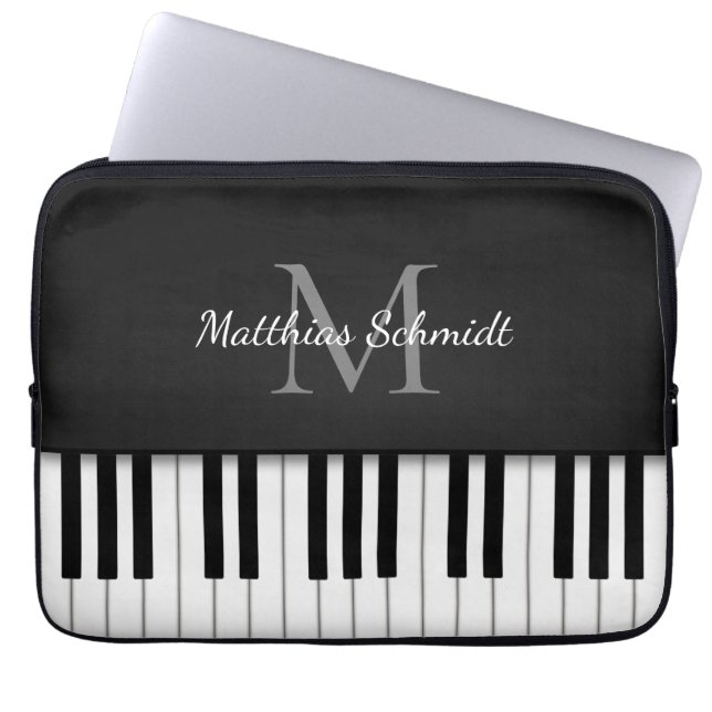 Funda Para Portátil Teclado de piano monogramado negro personalizado (Frente)