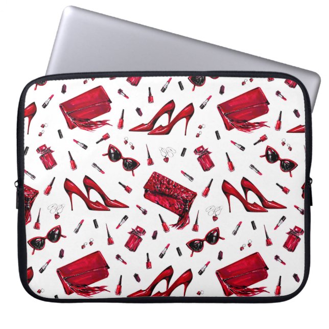 Funda Para Portátil Telas rojas, patrón de accesorios de moda. (Frente)