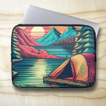 Funda Para Portátil Tema del camping Verde azulado y rosa de la época<br><div class="desc">Funda del comprimido con temática de acampada. Los gráficos son de un camping de color rosa y verde azulado con una tienda,  una puesta de sol,  lagos y pinos.</div>