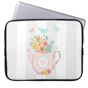Funda Para Portátil Tetera rosa con flores y mariposas
