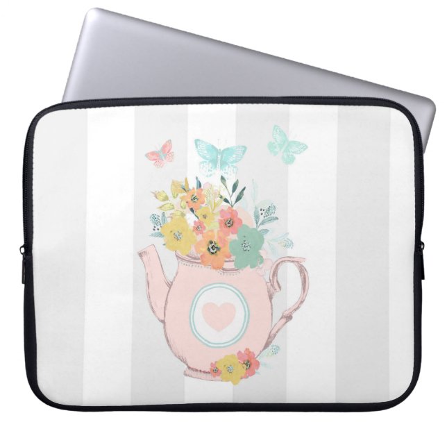 Funda Para Portátil Tetera rosa con flores y mariposas (Frente)