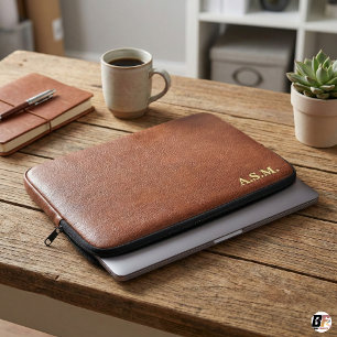 Funda Para Portátil Textura de cuero marrón Monograma Personalizado