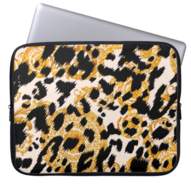 Funda Para Portátil Textura de leopardo: patrón barroco dorado. (Frente)