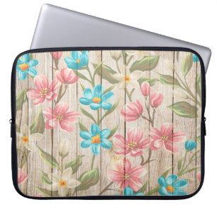 FUNDA PARA PORTÁTIL TEXTURA DE MADERA CON FLORES DE PASTEL