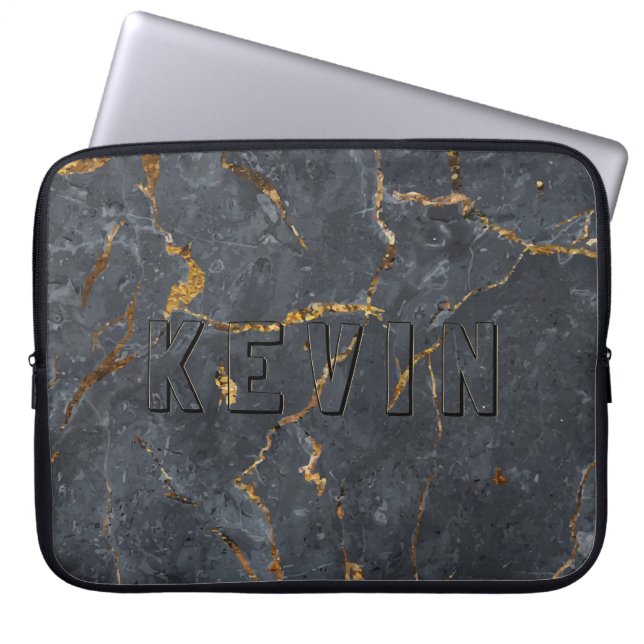 Funda Para Portátil Textura de mármol de lujo negro y dorado (Frente)