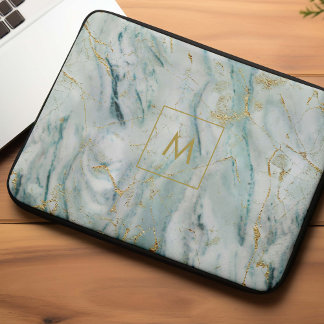 Funda Para Portátil Textura de mármol impresa en oro y Aqua monogramad