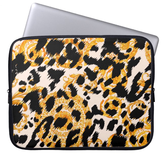 Funda Para Portátil Textura leopardo con estampado barroco dorado (Frente)
