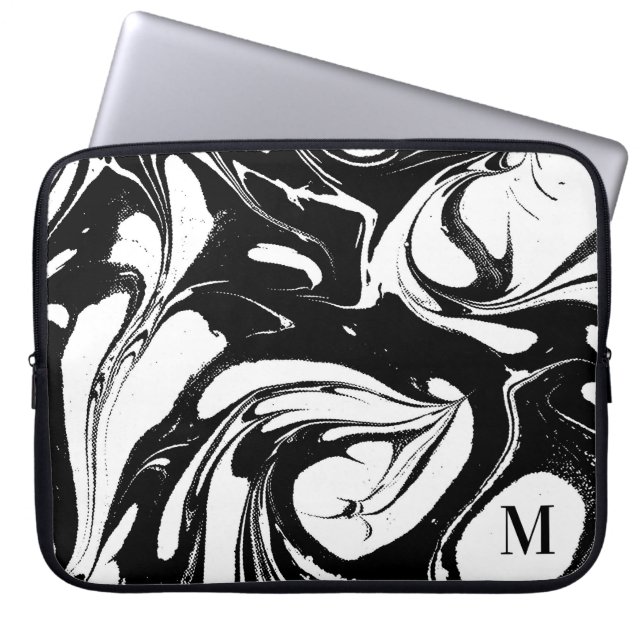 Funda Para Portátil Textura Monogramada De Mármol Blanco Y Negro (Frente)