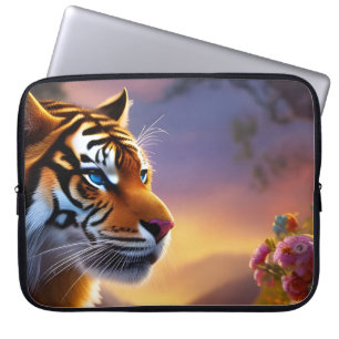 Funda Para Portátil Tigre de ojos azules y flores rosas