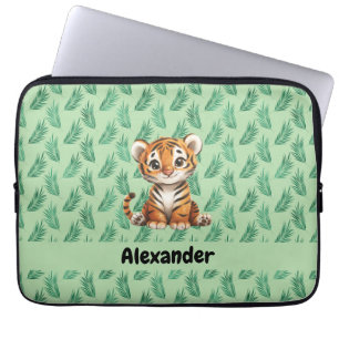 Funda Para Portátil Tigre Personalizado y dulce sobre hojas tropicales