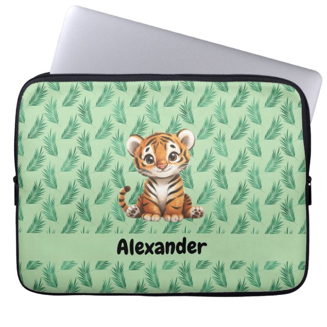 Funda Para Portátil Tigre Personalizado y dulce sobre hojas tropicales (Frente)
