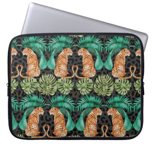 Funda Para Portátil Tigre y hojas en patrón acuarela sin foco
