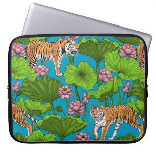 Funda Para Portátil Tigres en el estanque rosado de loto