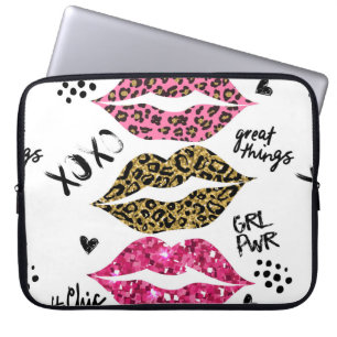 Funda Para Portátil tipografía purpurina con patrón de labios