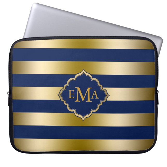 Funda Para Portátil Tonos dorados monogramados y patrón de bandas azul (Frente)