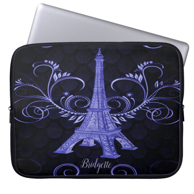 Funda Para Portátil Torre Eiffel Púrpura Floral (Frente)