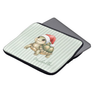 Funda Para Portátil Tortuga de Navidad con sombrero de Santa en acuare