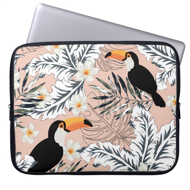 Funda Para Portátil Toucans, Palmas, Plumeria: Tropical Rosa. (Frente)