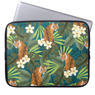 Funda Para Portátil Traje Verde azulado de la jungla de palma del tigr